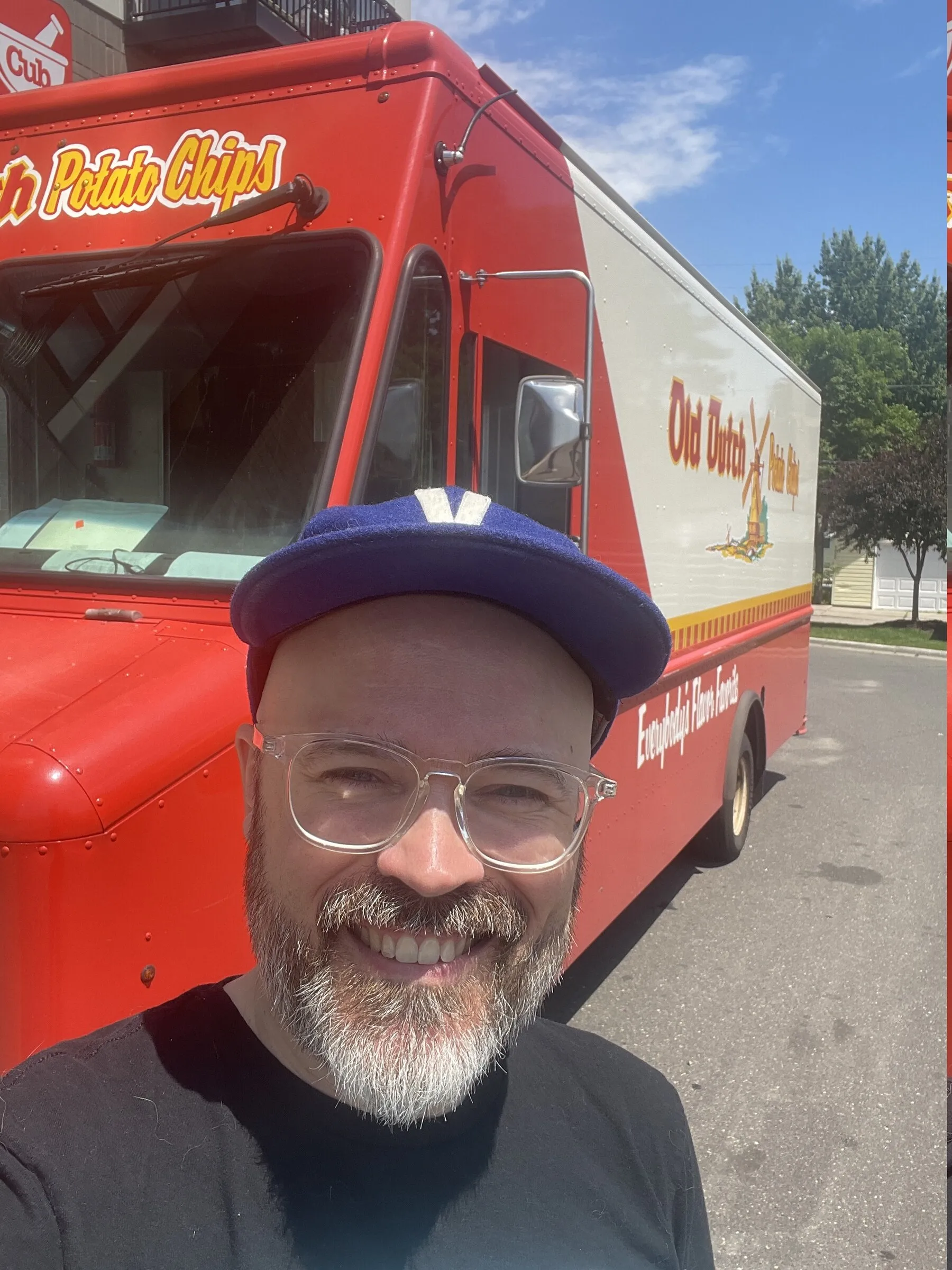 Jesse in front of an Old Dutch potato chip truck